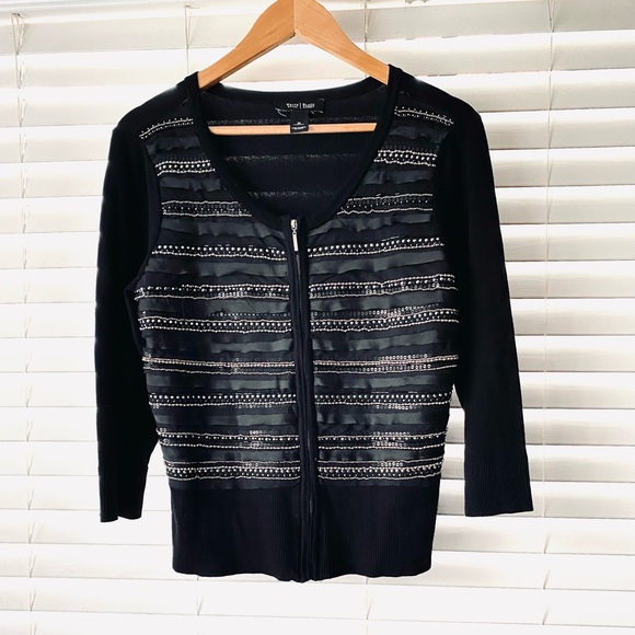 White House Black Market Sweaters - White House Black Market Embellished Scallopped Zip Up Cardigan Sweater Medium